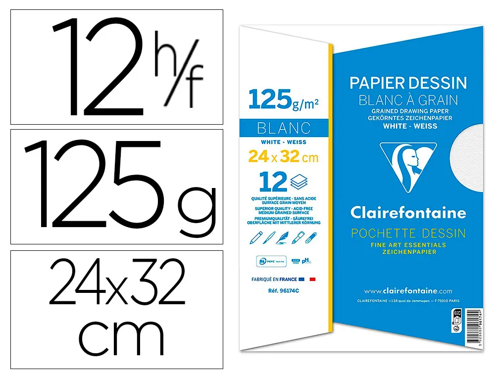 Pochette dessin grain clairefontaine blanc 125gr 24x32cm 12f