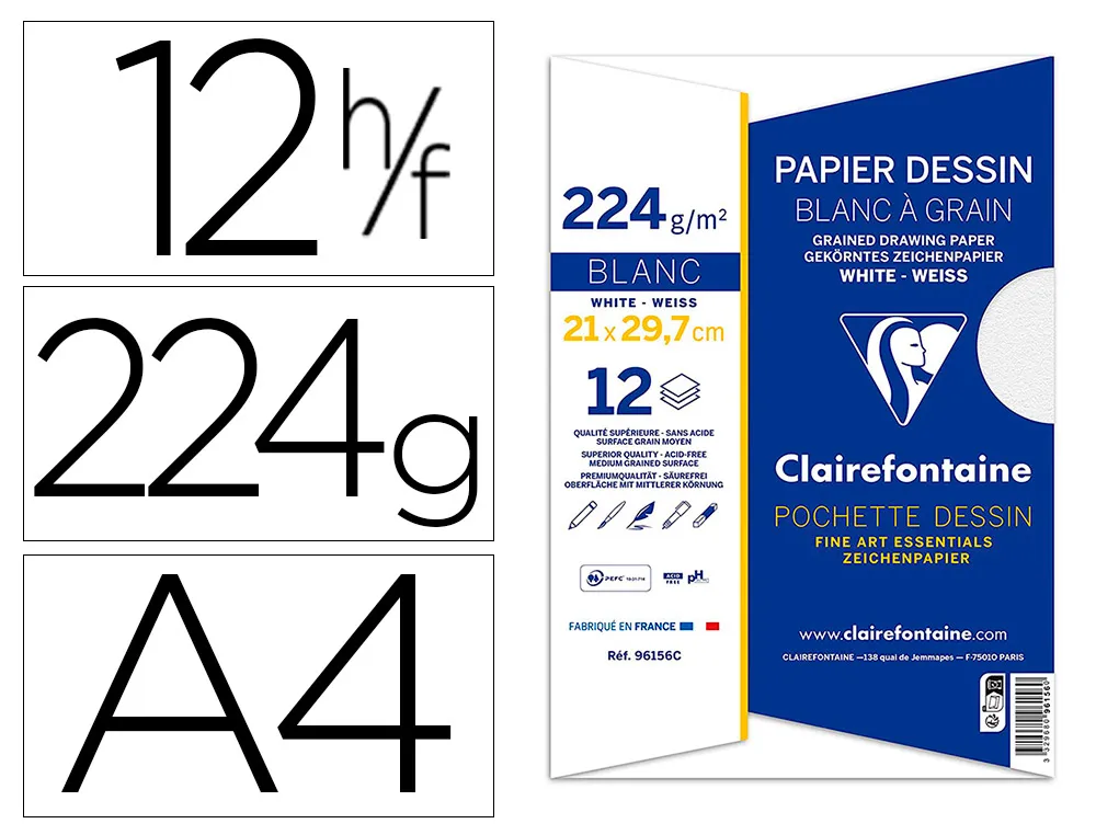 Pochette dessin grain clairefontaine A4 224gr 21x29,7cm 12f