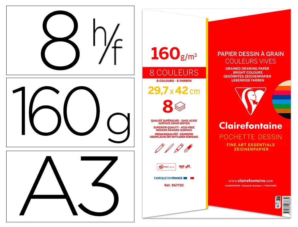 Papier dessin grain clairefontaine A3 assortiment vif 160gr 8f