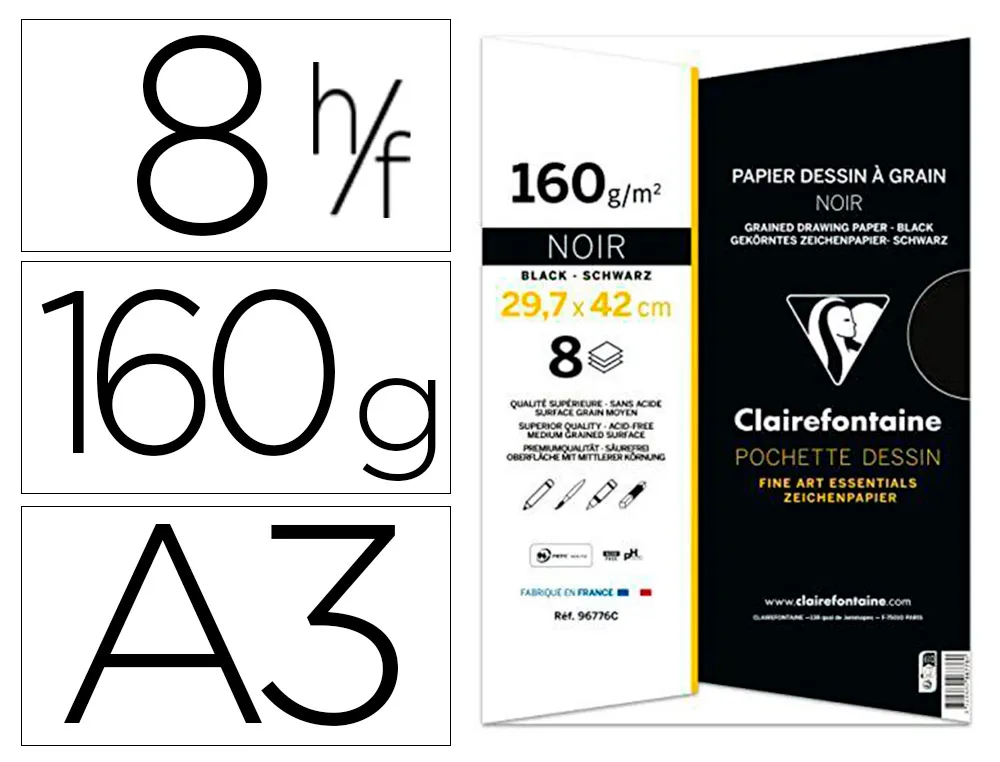 Papier dessin grain clairefontaine A3 noir 160gr 8f