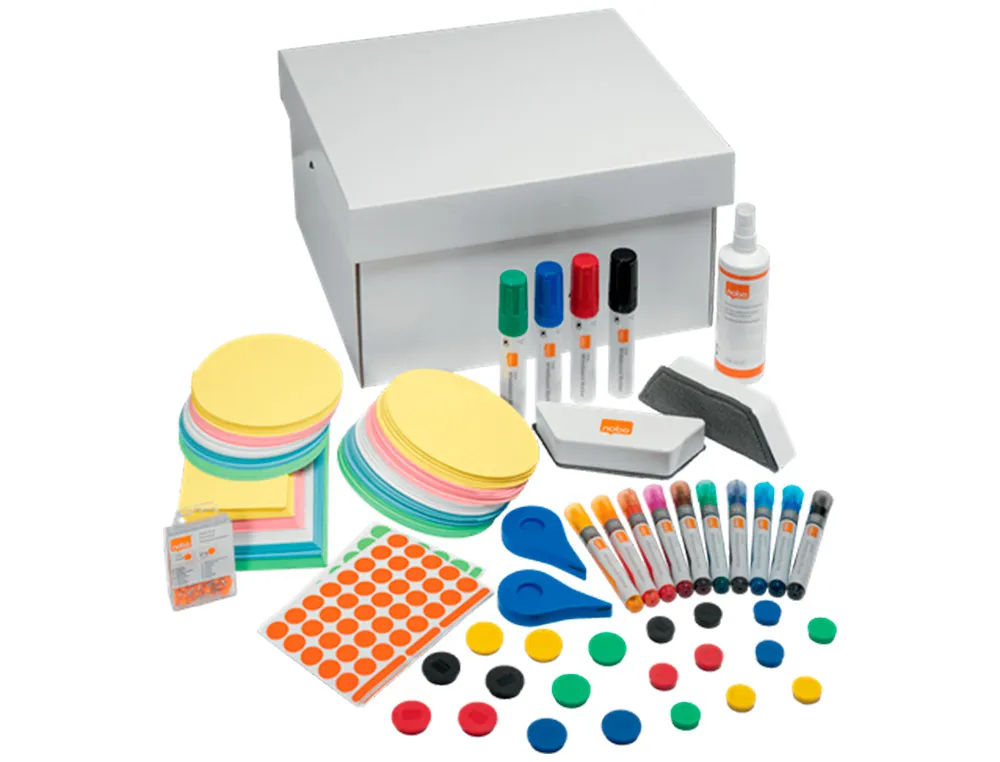 Kit d'accesoires tableau blanc esselte 10 marqueurs 10 aimants 32mm 2 effaceurs 1 spray nettoyage 2 rubans