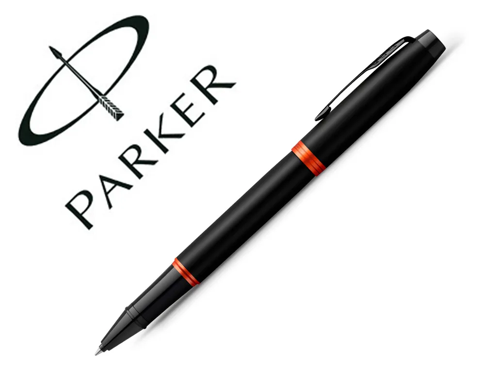 Stylo roller parker im vibrant rings noir laque details orange vif pointe fine encre noir etui cadeau