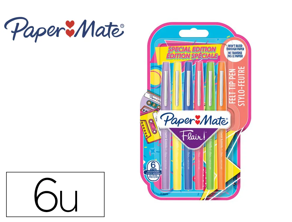 Feutre ecriture paper mate flair original pointe moyenne 0,7mm encres retro's 90 assorties blister 6 couleurs