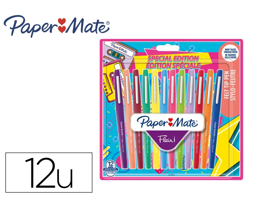 Feutre ecriture paper mate flair original pointe moyenne 0,7mm encres retro's 90 assorties blister 12 couleurs