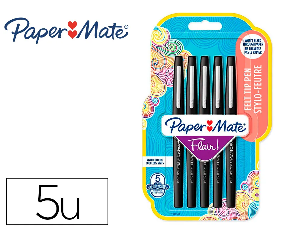 Feutre ecriture paper mate flair original pointe moyenne 0,7mm encres noir blister 5 couleurs