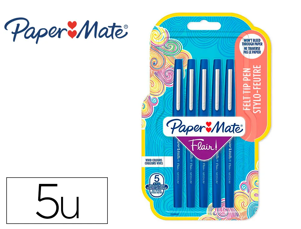 Feutre ecriture paper mate flair original pointe moyenne 0,7mm encres bleu blister 5 couleurs