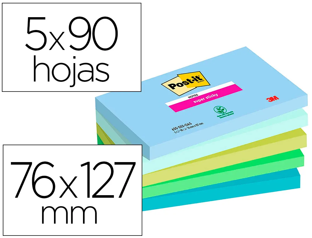 Bloc-notes post-it super sticky 5 blocs x 90 feuilles 76x127mm coloris oasis assortis