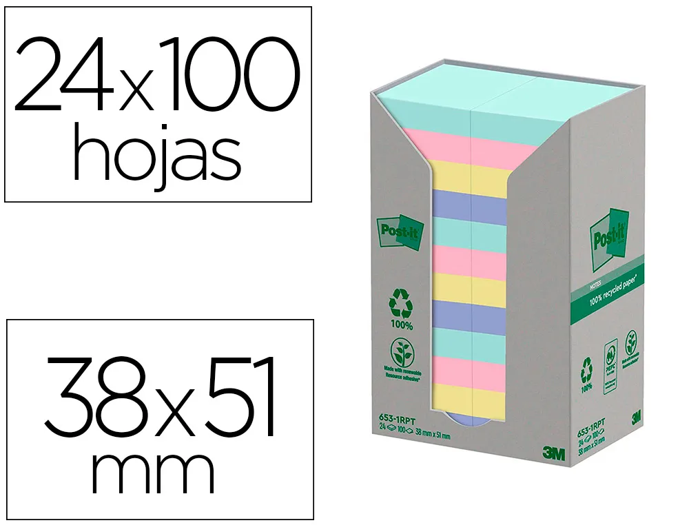 Bloc-notes post-it 24 blocs x 100 feuilles 38x51mm coloris assorties