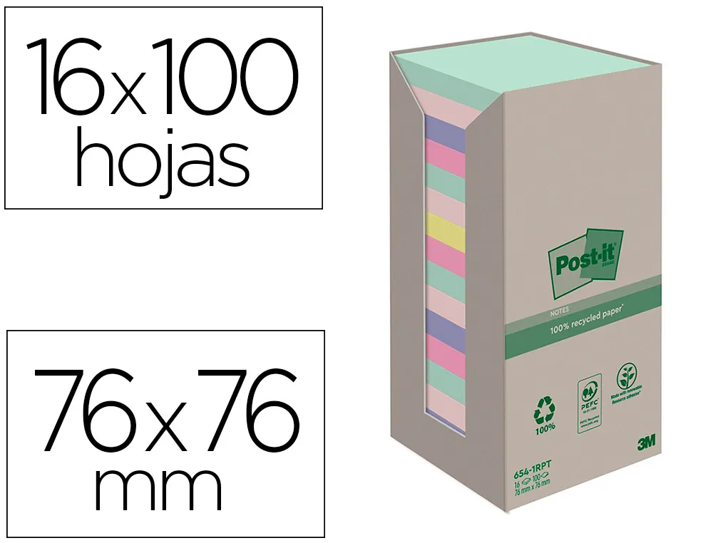 Bloc-notes post-it 16 blocs x 100 feuilles 76x76mm coloris assorties