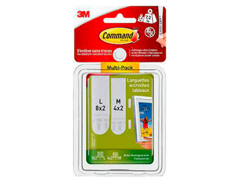 Ruban fixation scotch multipack de 8 languettes 4m x 4l poid maximum supporte 5,4kg pour m et 7,2kg pour l
