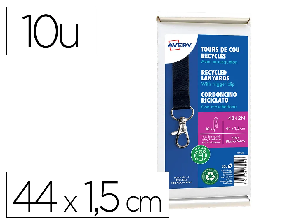 Cordons badges avery recycles mousqueton 44 cm lot de 10 coloris noir
