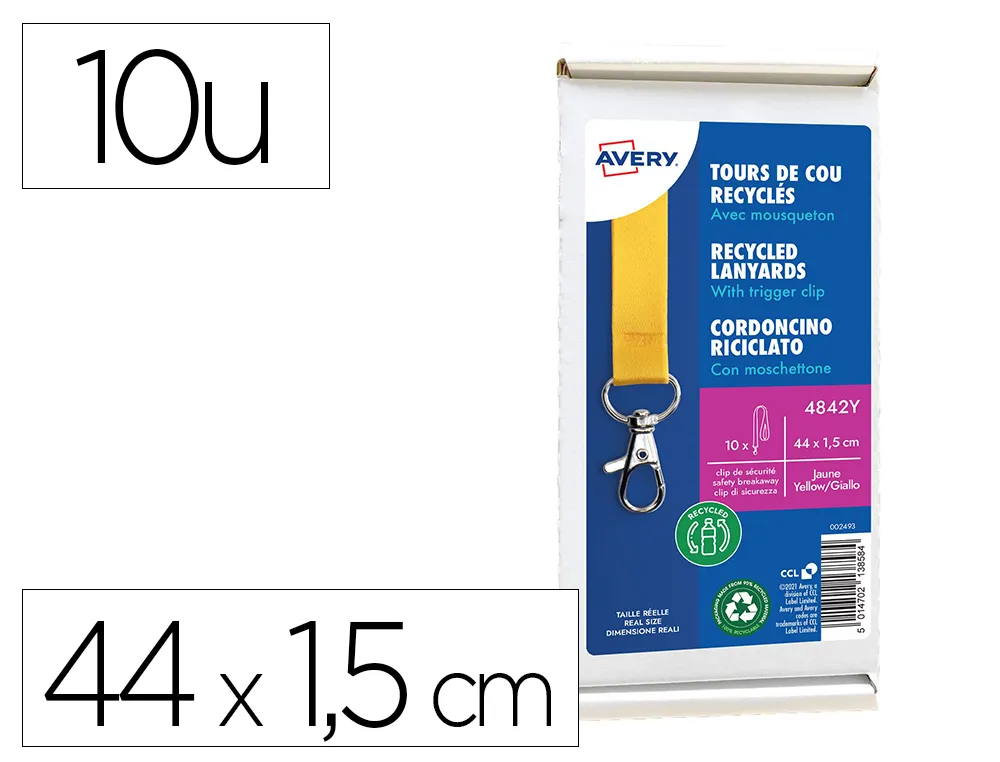 Cordons badges avery recycles mousqueton 44 cm lot de 10 coloris jaune
