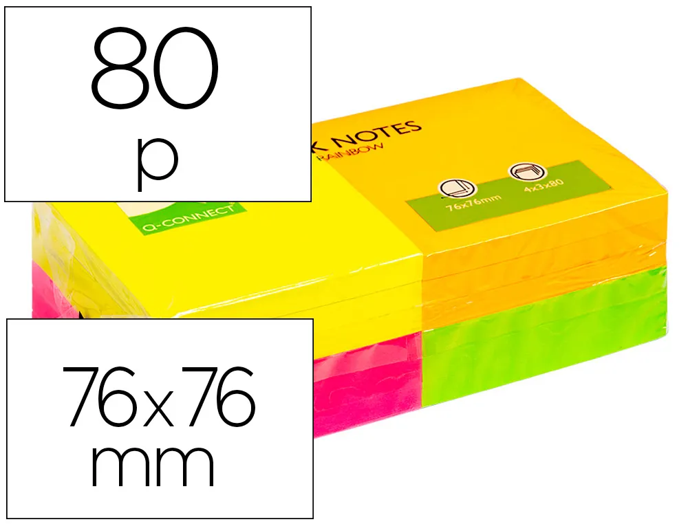 Bloc de Notes repositionnables Q-Connect 76x76 mm 80F couleurs Néon - Lot de 12 Blocs KF10508