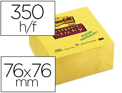 Bloc-notes post-it cube super sticky 76x76mm 350f repositionnables adhésif renforcé coloris jaune 2028-s