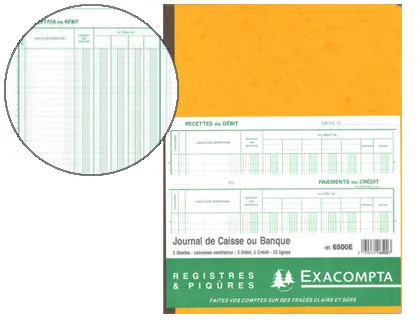 Journal exacompta caisse/banque 250x320mm vertical 33 lignes 80 pages 2 libellés 5 débits 5 crédits