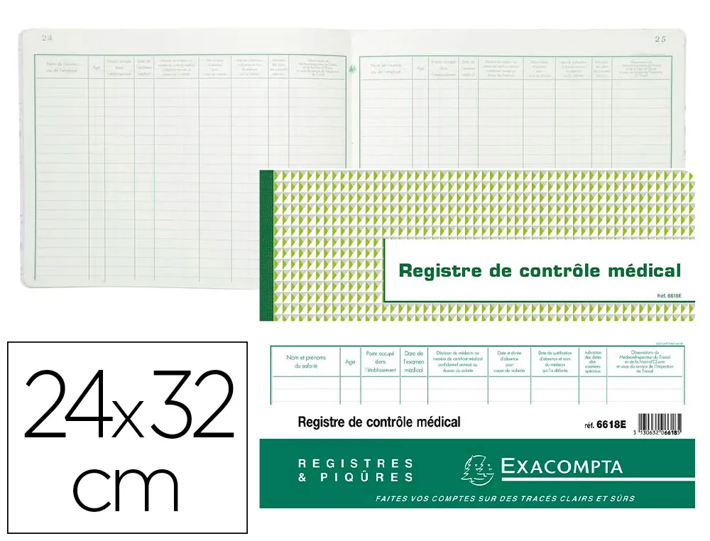 Registre piqué exacompta contrôle médical horaires 24x32cm 60p