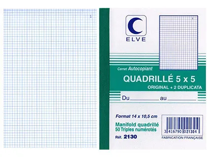 Manifold autocopiant elve 105x148mm quadrillé 5x5 foliotage 50 triplis