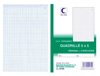 Manifold autocopiant elve 140x210mm quadrillé 5x5 foliotage 50 triplis