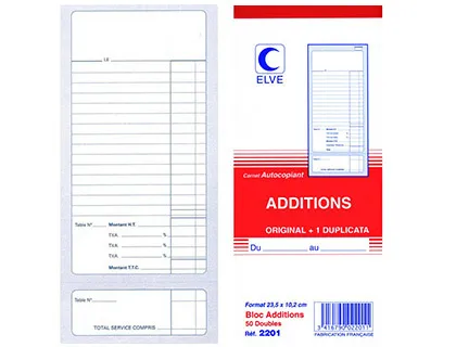 Bloc addition elve papier autocopiant 102x235mm 50 duplis sans numéro