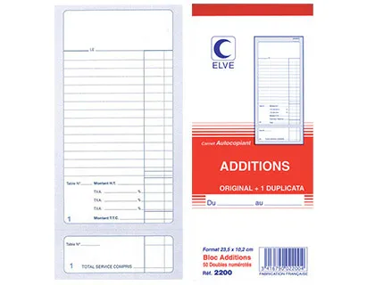 Bloc addition elve papier autocopiant 102x235mm 50 duplis avec numéro
