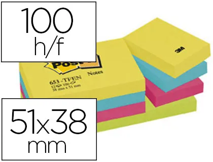 POST-IT Notes repositionnables 38x51mm couleurs énergiques 100f - lot de 12 blocs assortis Energie 653TF