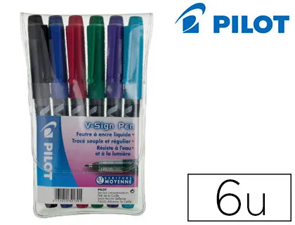 Stylo-feutre pilot v sign pen écriture moyenne 0.6mm pointe fibre polyester encre intense liquide pochette 6 unités