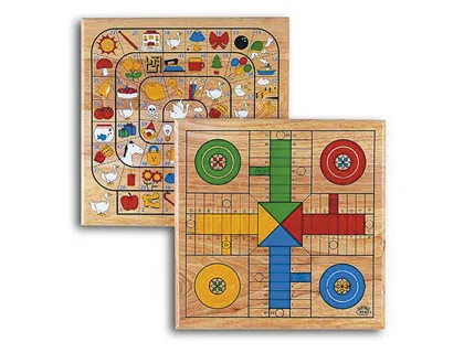 Jeu petits chevaux/jeu de l'oie 2 plateaux en bois 33x33cm