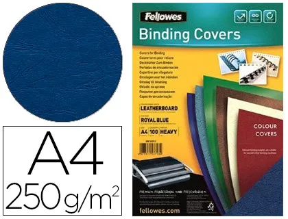 Couverture fellowes grain cuir 250g format A4 coloris bleu royal paquet 100 unités