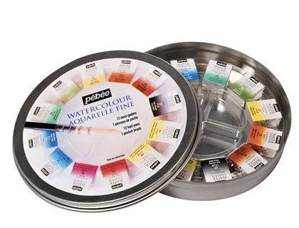 Aquarelle pébéo 1 pinceau aquarelle boîte en métal ronde 12 demi-godets