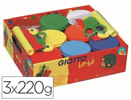 Pâte à modeler giotto be-bè schoolpack accessoires 2 rouleaux 2 paires de ciseaux 2 roulettes 2 mirettes 8 pots 220g
