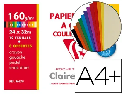 Papier dessin clairefontaine couleur travaux de découpage gouache pastel 160g A4+ coloris vifs pochette 12f