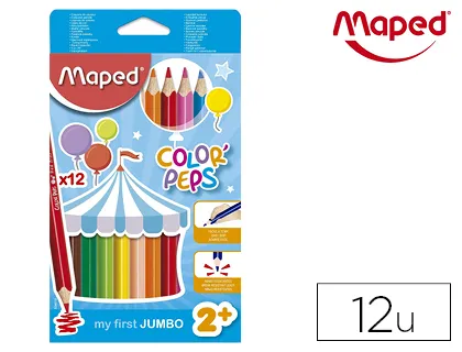 Crayon couleur maped color pep's jumbo triangulaire mine tendre ultra-résistante coloris assortis étui carton 12 unités