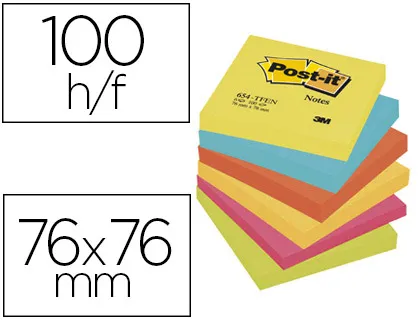 Bloc-notes post-it couleurs énergiques 76x76mm 100f repositionnables 5 coloris assortis 6 blocs