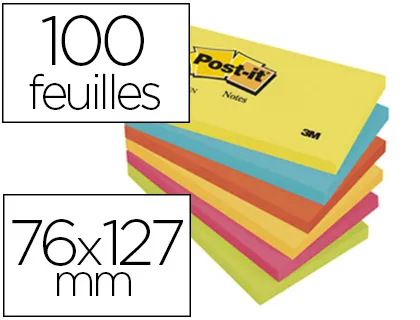 Post-it Bloc-notes repositionnables couleurs énergiques 76x127m 100f coloris assortis - lot de 6 blocs