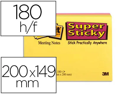 Bloc-notes post-it super sticky grand format 203x152mm meeting notes 45f coloris néon vert/jaune/orange/fuchsia 4 blocs
