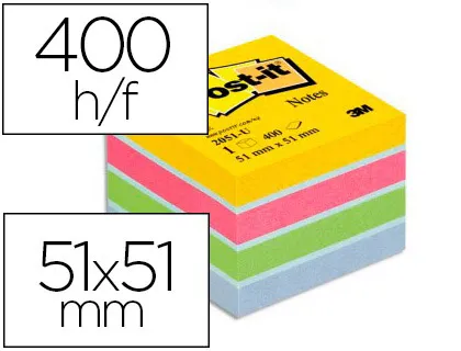 Bloc-notes post-it mini 51x51mm 400f 4 coloris fluo jaune rose bleu vert