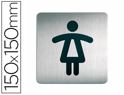 Plaque pictogramme durable wc femme carré grand format acier brossé inoxydable pastille adhésive au dos 150x150mm
