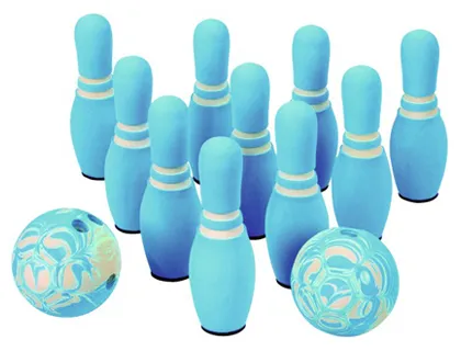 Kit initiation bowling mousse contient 10 quilles 2 balles 1 sac de rangement coloris bleu