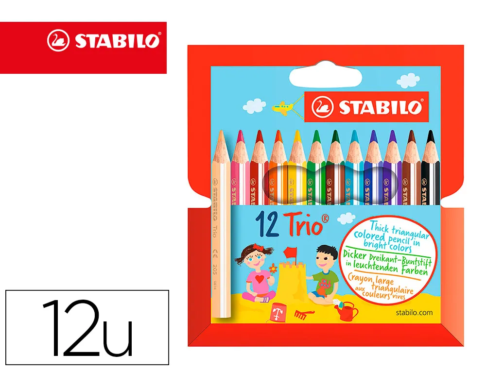 Crayon couleur stabilo trio court bois triangulaire 85mm mine large souple 4mm coloriage rapide pochette 12u