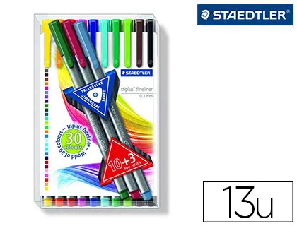 Stylo-feutre staedtler triplus fineliner largeur trait 0.3mm triangulaire couleurs assorties boîte 13 unités 3 offerts