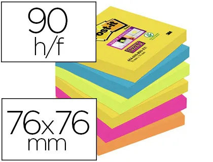 POST-IT Bloc-notes repositionnables super sticky Carnival 76x76mm 90f coloris néon - lot de 6 blocs