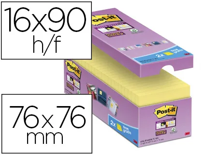Bloc-notes post-it super sticky 76x76mm repositionnables adhésif renforcé 90f/bloc coloris jaune 16 blocs+2 offerts