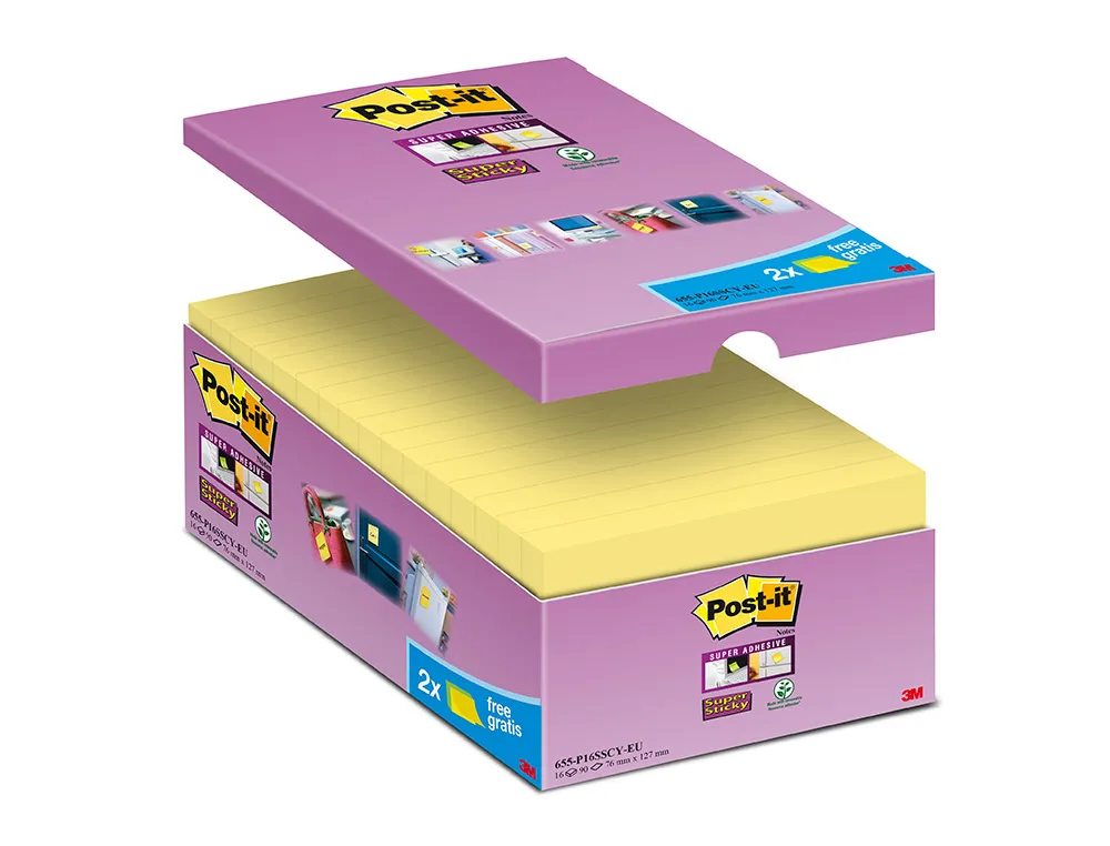 Bloc-notes post-it super sticky 76x127mm repositionnables adhésif renforcé 90f/bloc coloris jaune 16 blocs+2 offerts