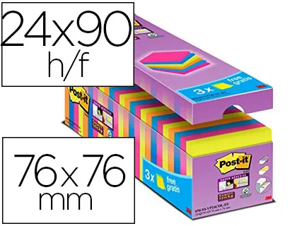 Bloc-notes post-it super sticky 76x76mm 90f repositionnables adhésif renforcé coloris assortis néon barquette 24 blocs