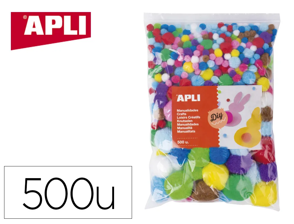 Pompons apli differents diametres de 10 a 50mm format maxi 13 coloris assortis sachet 500 unites