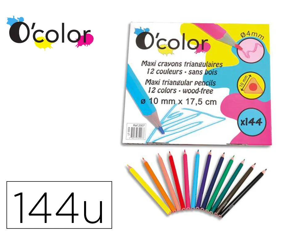 Crayon couleur o'color maxi triangulaire sans bois diametre 10mm mine 4mm coloris assortisschoolpack 144 unites