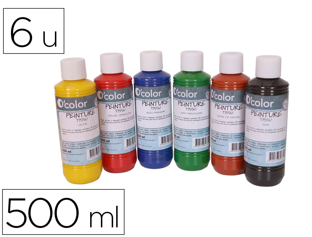 Peinture o'color pailletee 500 ml coloris classiques assortis coffret 6 bouteilles