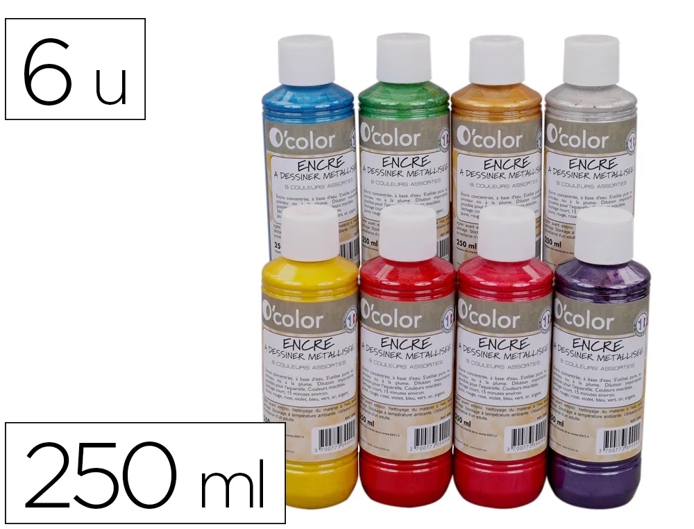 Encre o'color metallisee 250ml coloris assortis coffret 8 unites + 6 tampons