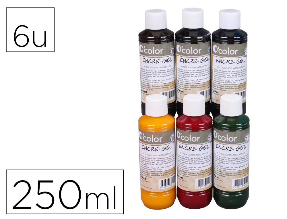 Encre o'color gel 250ml coloris miscible assortis coffret polypro 6 unites