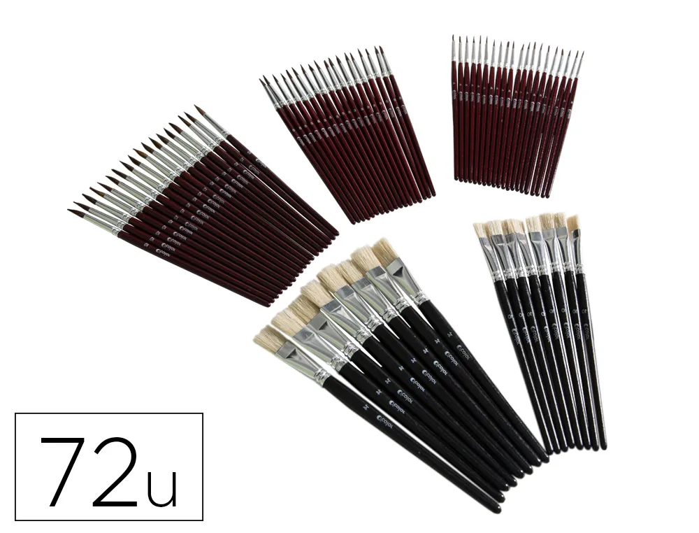Pinceau o'color synthetique rond et plat poils nylon souplesnerveux virole aluminium manche bois laque boite 72 unites